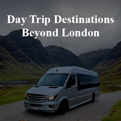 Minibus ready for group travel outside London with scenic countryside backdrop, promoting one-day trip destinations beyond London.