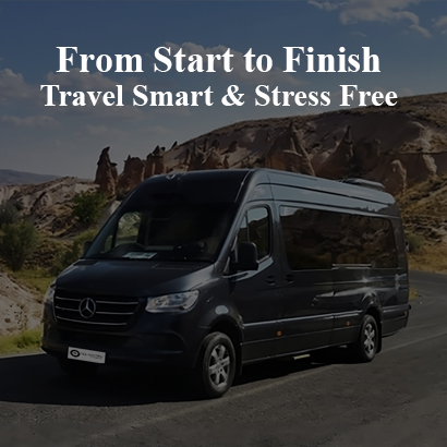 A modern minibus on the road with happy passengers, representing a smooth, smart, and stress-free travel experience from pickup to drop-off.