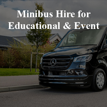 Minibus parked outside a school or event venue, ready for group transport—ideal for educational field trips and event travel.